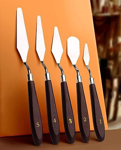 Set of 5 Palette Painting Knives of Various Sizes Shapes Stainless Steel Scraper Spatula Polished Brown Handle for Artist Canvas Oil Paint Color Mixing - Image 1