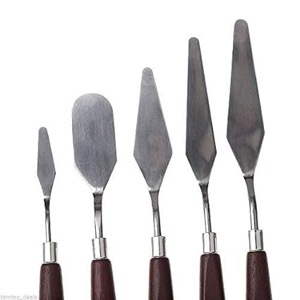 Set of 5 Palette Painting Knives of Various Sizes Shapes Stainless Steel Scraper Spatula Polished Brown Handle for Artist Canvas Oil Paint Color Mixing - Image 3