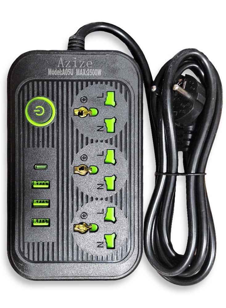 A05U Smart Power Strip, Multi-Outlet with Surge Protection, 3 2500W Power Outlets, 3 USB Ports, and 1 Type-C Port, Fast and Safe Charging, Stylish Black Design, Ideal for Home, Office and Smart Devices - Image 1