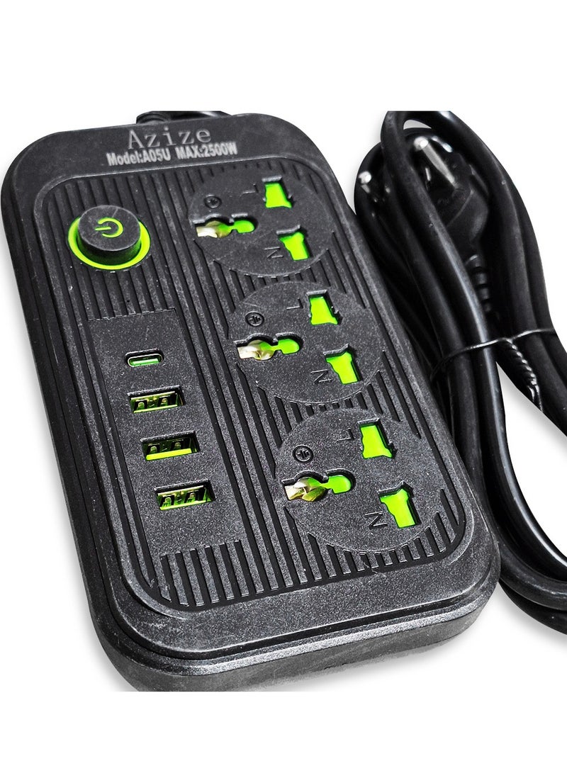 A05U Smart Power Strip, Multi-Outlet with Surge Protection, 3 2500W Power Outlets, 3 USB Ports, and 1 Type-C Port, Fast and Safe Charging, Stylish Black Design, Ideal for Home, Office and Smart Devices - Image 2