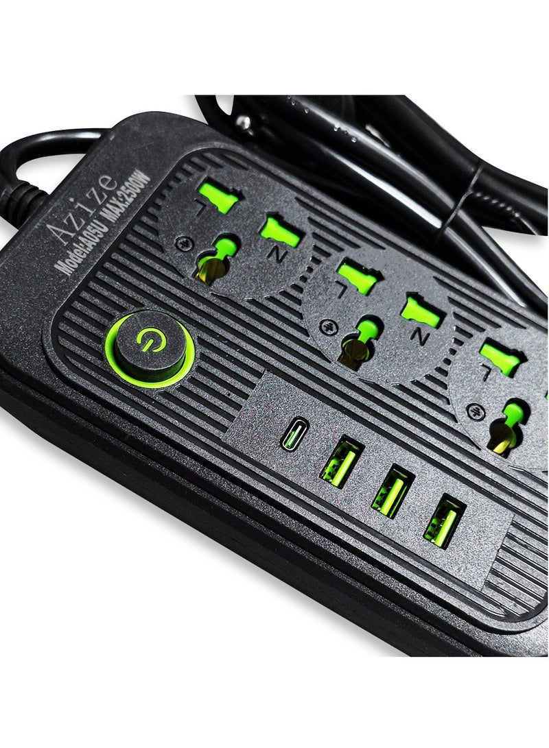 A05U Smart Power Strip, Multi-Outlet with Surge Protection, 3 2500W Power Outlets, 3 USB Ports, and 1 Type-C Port, Fast and Safe Charging, Stylish Black Design, Ideal for Home, Office and Smart Devices - Image 3