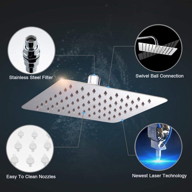 TOSCH Mirror Stainless Steel 304 Square Ultra Slim High Pressure Rainfall Shower Head for bathroom Chrome Finish (12 INCH) (WITHOUT SHOWER ARM) - Image 4