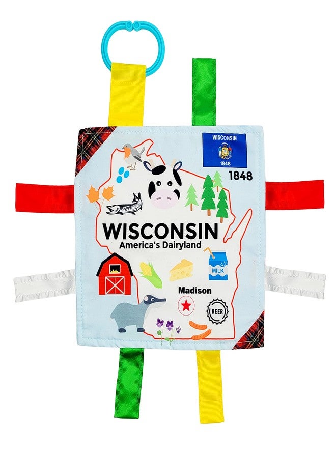The Learning Lovey Baby Jack & Co 8x8” Learning Lovey Wisconsin State Tag Stroller Toy for Babies - Crinkle Toys for Developing Five Senses - Learn About Capitals - Travel with Baby Jack - BPA Free Clip - Image 1