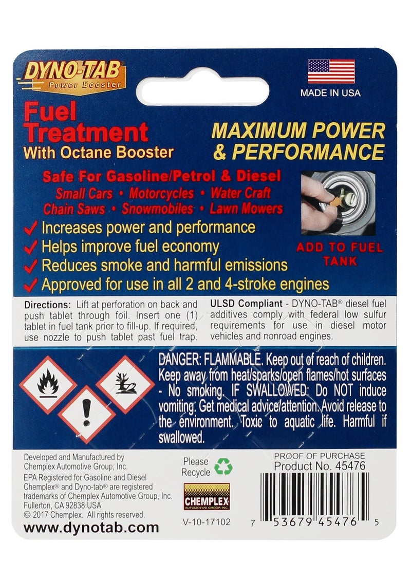 داينو-تاب - معالج وقود DYNO-TAB 45476 – محسّن لمحركات البنزين والديزل | يعزز الاقتصاد في استهلاك الوقود والأداء | يزيد الأوكتان ويقلل تراكم الكربون | 6 أقراص صغيرة تعالج حتى 90 لترًا - Image 1