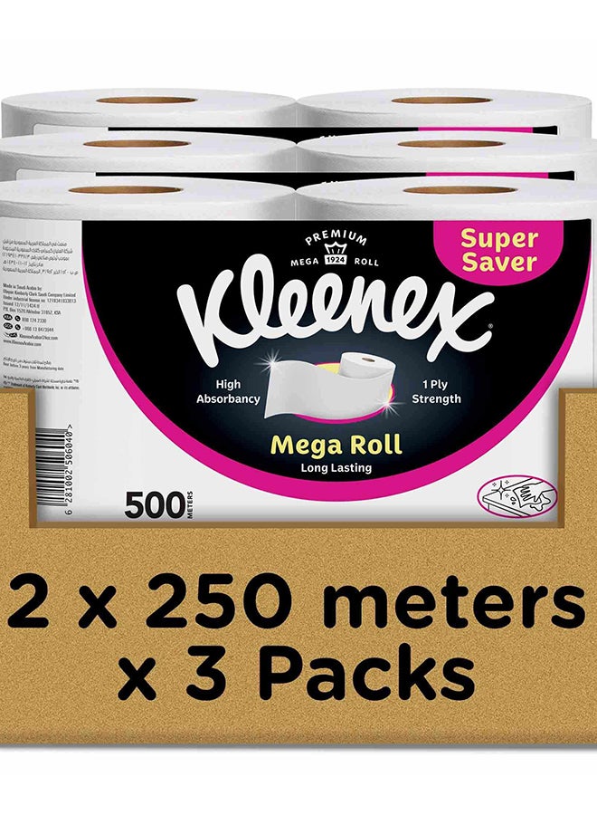 Kleenex مناديل مطبخ كلينكس، لفة ميغا، 6 لفات × 250 متر، امتصاص عالي لأغراض متعددة - Image 1