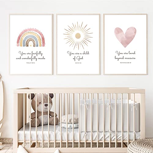 Pennclys Boho Nursery Wall Art 3 Pieces Bible Verse Nursery Art Christian Girls Nursery Wall Art Heart Rainbow Sun Nursery Art Print Boho Sunshine Decor for Girl Baby Kid Room Decor 12x16 Inch Unframed - Image 1