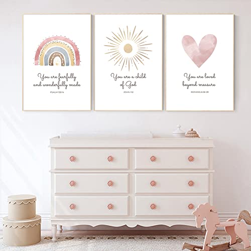 Pennclys Boho Nursery Wall Art 3 Pieces Bible Verse Nursery Art Christian Girls Nursery Wall Art Heart Rainbow Sun Nursery Art Print Boho Sunshine Decor for Girl Baby Kid Room Decor 12x16 Inch Unframed - Image 4