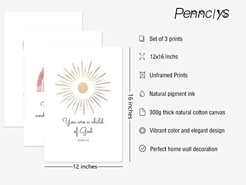 Pennclys Boho Nursery Wall Art 3 Pieces Bible Verse Nursery Art Christian Girls Nursery Wall Art Heart Rainbow Sun Nursery Art Print Boho Sunshine Decor for Girl Baby Kid Room Decor 12x16 Inch Unframed - Image 2