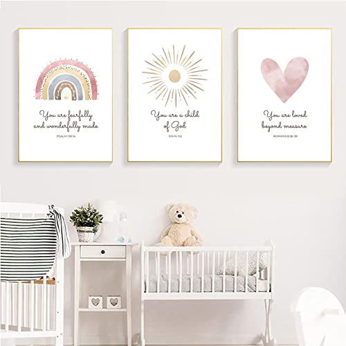 Pennclys Boho Nursery Wall Art 3 Pieces Bible Verse Nursery Art Christian Girls Nursery Wall Art Heart Rainbow Sun Nursery Art Print Boho Sunshine Decor for Girl Baby Kid Room Decor 12x16 Inch Unframed - Image 5