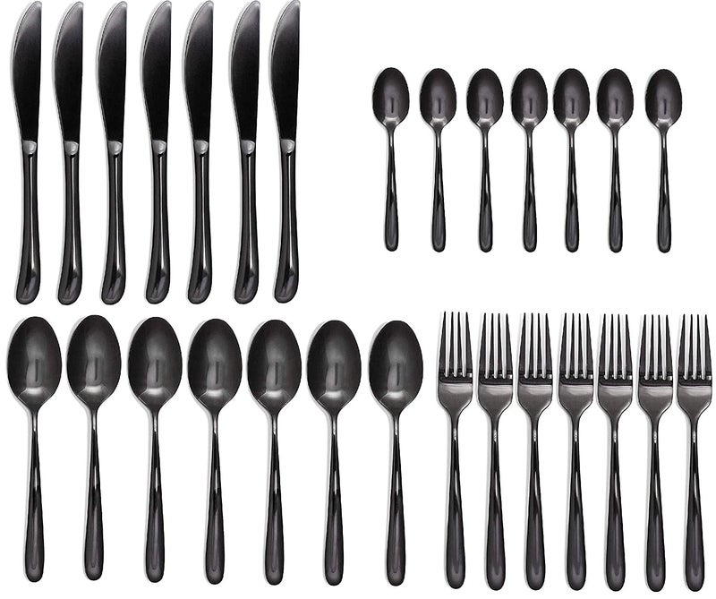 ZEPOLI Black Stainless Steel Utensils Spoon Include Tea SpoonKnifeForkSpoon Mirror Polished Dishwasher Safe Tableware for Home Kitchen Hotel 28 Pack - Image 1
