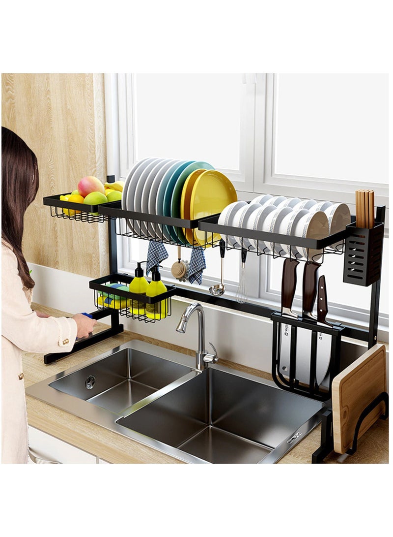 رف تجفيف الأطباق فوق الحوض - منظم مطبخ مدمج من طبقتين وموفر للمساحة للمطبخ - مصفاة أطباق وحامل أدوات (فولاذ مقاوم للصدأ، رف أطباق أسود) - Image 2