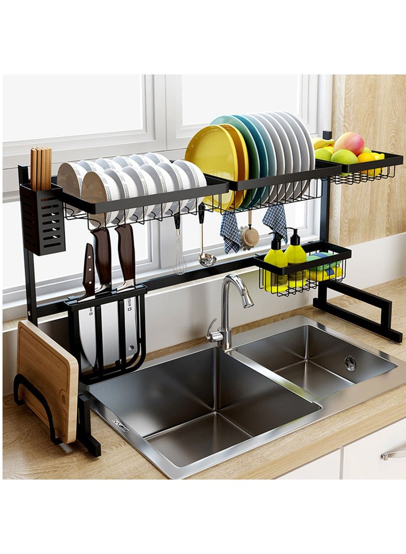 رف تجفيف الأطباق فوق الحوض - منظم مطبخ مدمج من طبقتين وموفر للمساحة للمطبخ - مصفاة أطباق وحامل أدوات (فولاذ مقاوم للصدأ، رف أطباق أسود) - Image 4