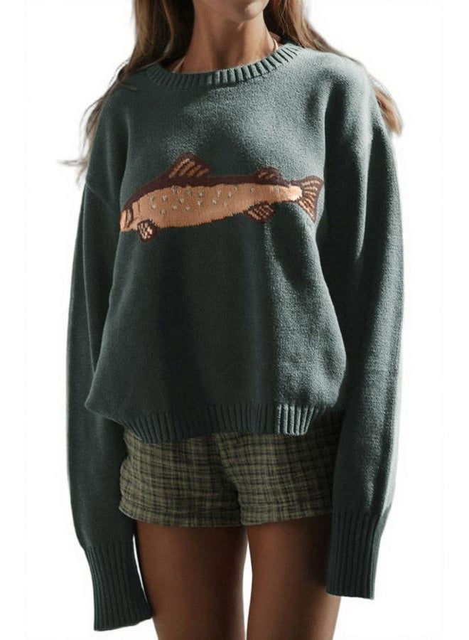 CHARTOU Women Fashion Crew Neck Rib Knit Crucian Carp Graphic Oversized Y2k Pullover Sweater Jumper, Dark Green, S - Image 1