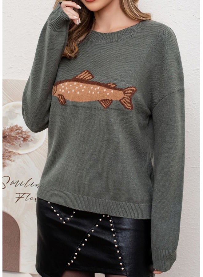 CHARTOU Women Fashion Crew Neck Rib Knit Crucian Carp Graphic Oversized Y2k Pullover Sweater Jumper, Dark Green, S - Image 3