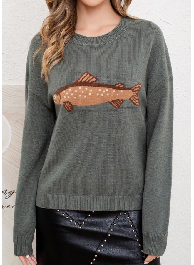 CHARTOU Women Fashion Crew Neck Rib Knit Crucian Carp Graphic Oversized Y2k Pullover Sweater Jumper, Dark Green, S - Image 2