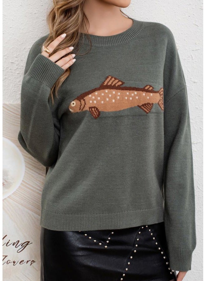 CHARTOU Women Fashion Crew Neck Rib Knit Crucian Carp Graphic Oversized Y2k Pullover Sweater Jumper, Dark Green, S - Image 5