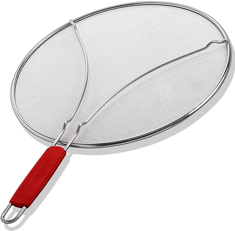 ALPHA LIVING Splatter Guard for Frying Pan  Food Strainer and Universal Cookware 13  Stops Hot Oil Splash  RED Handle  Splatter Screen for Cooking