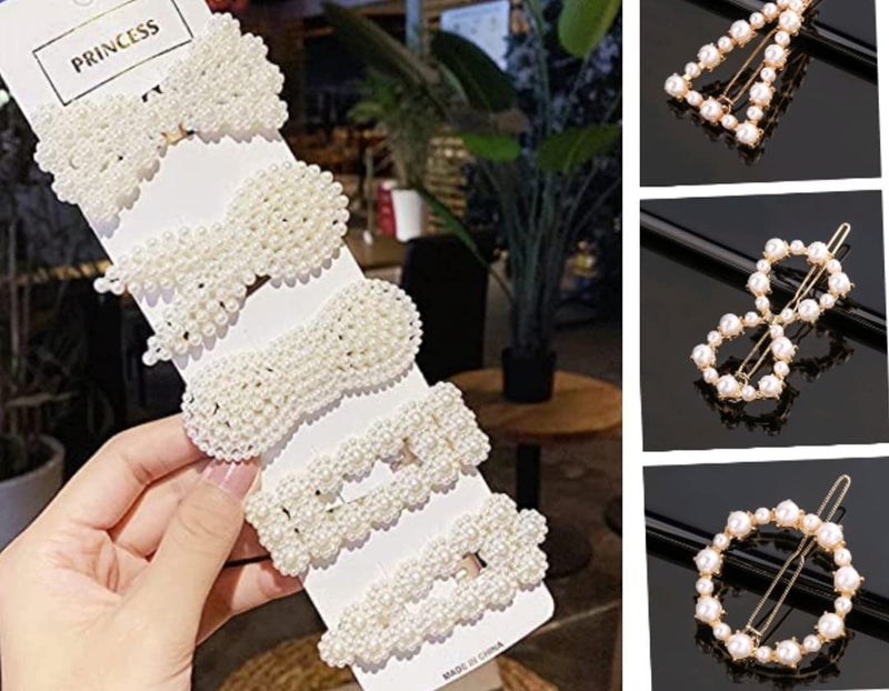 FAVELA Korean Style Pearl Rhinestone Metal Hair Clips | Stylish Claw Clips Jaw Clips Clutches Hair Pin Hairband | Large Hair Clips Barrettes Hair Accessories Jewellery For Girls and Women (Set of 8) - Image 1
