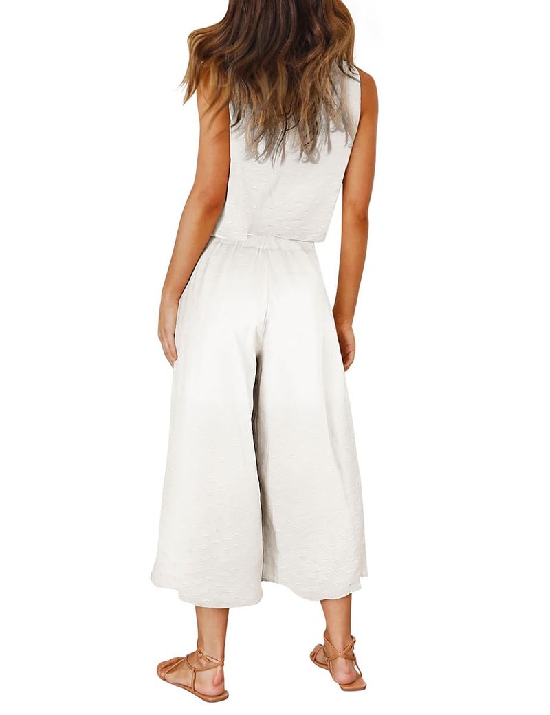 ROYLAMP Women's Summer 2 Piece Outfits Round Neck Crop Basic Top Cropped Wide Leg Pants Set Jumpsuits White Floral M - Image 3