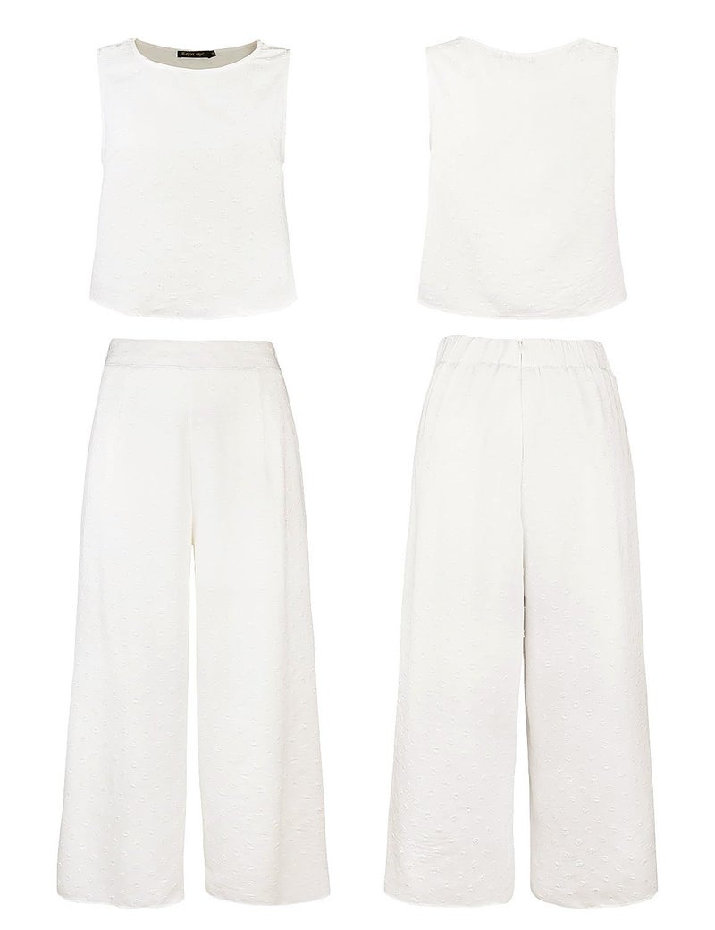 ROYLAMP Women's Summer 2 Piece Outfits Round Neck Crop Basic Top Cropped Wide Leg Pants Set Jumpsuits White Floral M - Image 4