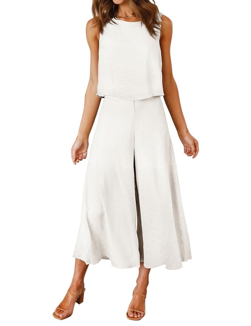 ROYLAMP Women's Summer 2 Piece Outfits Round Neck Crop Basic Top Cropped Wide Leg Pants Set Jumpsuits White Floral M - Image 1