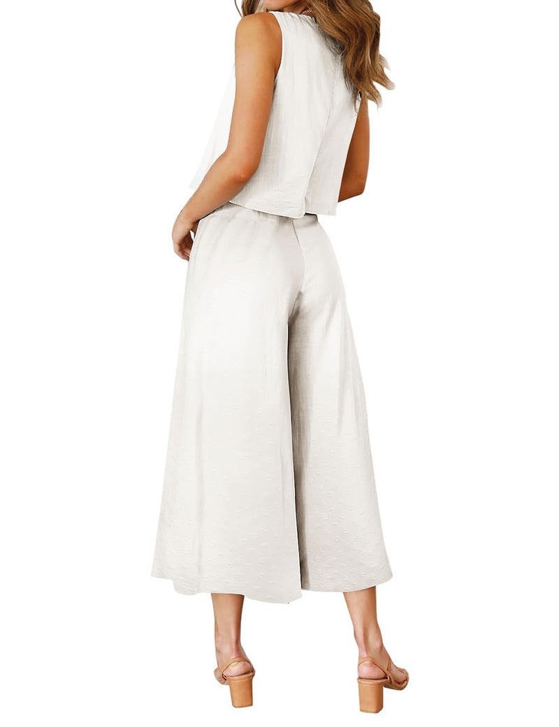 ROYLAMP Women's Summer 2 Piece Outfits Round Neck Crop Basic Top Cropped Wide Leg Pants Set Jumpsuits White Floral M - Image 2