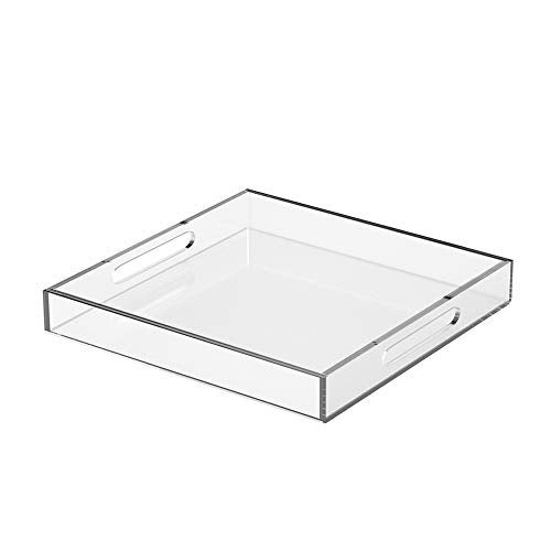 NIUBEE Acrylic Serving Tray 15x15 Inches Spill Proof Clear Decorative Tray Organiser for Ottoman Coffee Table Countertop with Handles