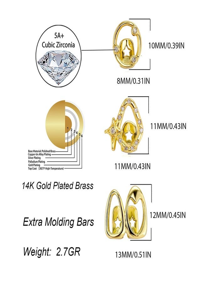 TOPGRILLZ 3PCS Gold Tooth Cap Grillz for Men and Women - Hollow Single Teeth Jewelry, 14K Golden Plated CZ Fake Teeth Gold Grills for Teeth Cosplay Costume Accessory (Golden-3PCS) - Image 2