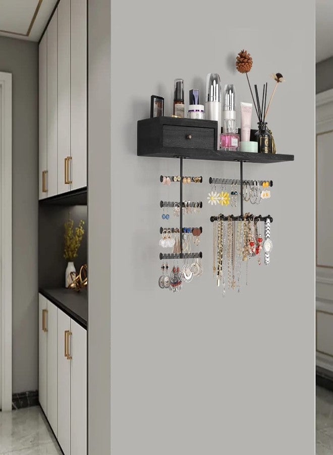 VINAEMO Jewelry Organizer Hanging Wall Mounted Jewelry Holder with Rustic Wood Drawer & Large Capacity Storage Shelf Rack Display for Earrings Rings Necklaces Bracelets(Black) - Image 4