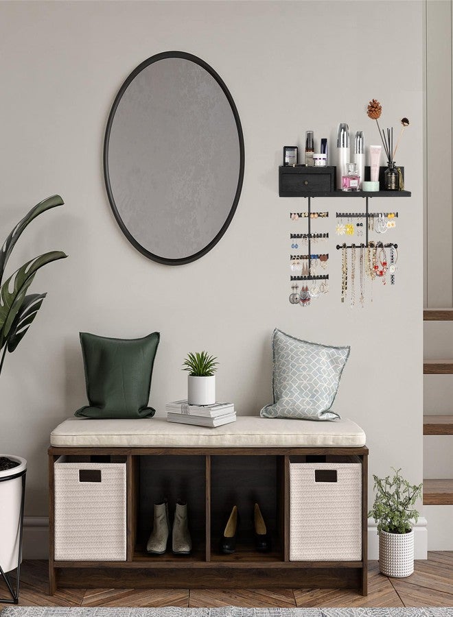 VINAEMO Jewelry Organizer Hanging Wall Mounted Jewelry Holder with Rustic Wood Drawer & Large Capacity Storage Shelf Rack Display for Earrings Rings Necklaces Bracelets(Black) - Image 2