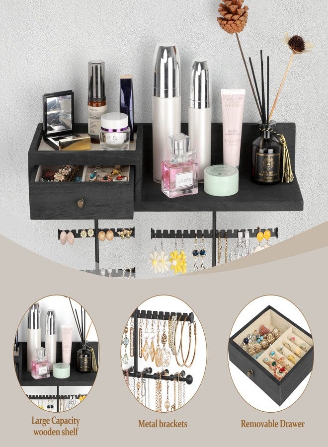 VINAEMO Jewelry Organizer Hanging Wall Mounted Jewelry Holder with Rustic Wood Drawer & Large Capacity Storage Shelf Rack Display for Earrings Rings Necklaces Bracelets(Black) - Image 3
