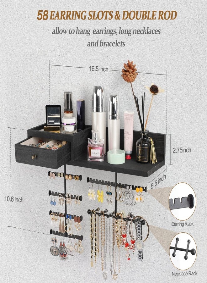 VINAEMO Jewelry Organizer Hanging Wall Mounted Jewelry Holder with Rustic Wood Drawer & Large Capacity Storage Shelf Rack Display for Earrings Rings Necklaces Bracelets(Black) - Image 5