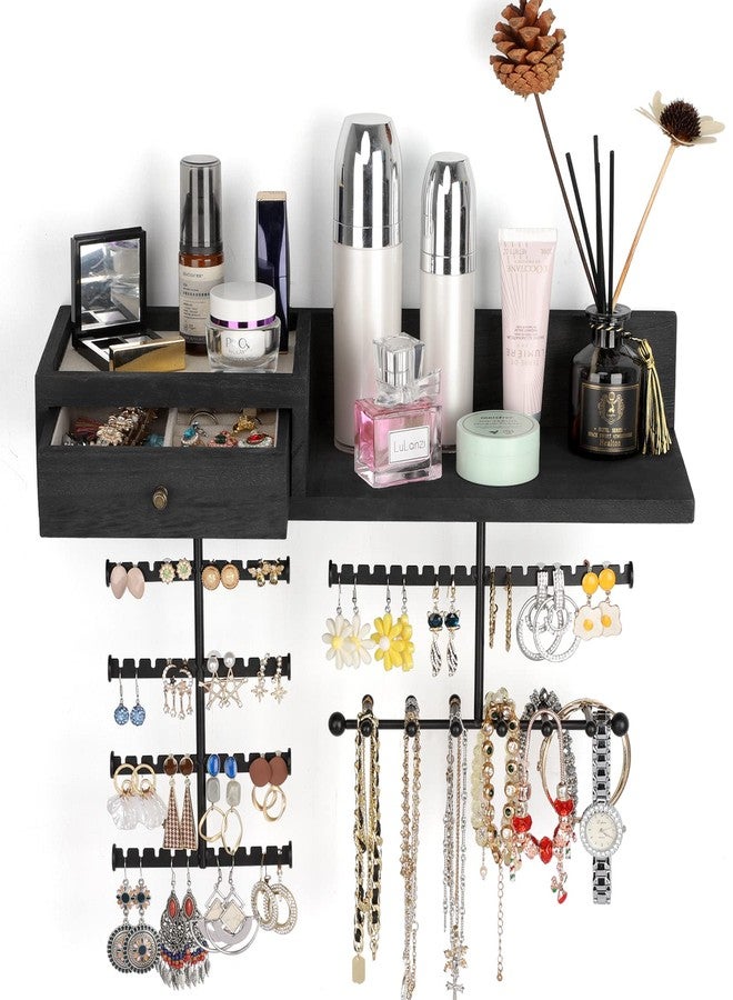 VINAEMO Jewelry Organizer Hanging Wall Mounted Jewelry Holder with Rustic Wood Drawer & Large Capacity Storage Shelf Rack Display for Earrings Rings Necklaces Bracelets(Black) - Image 1
