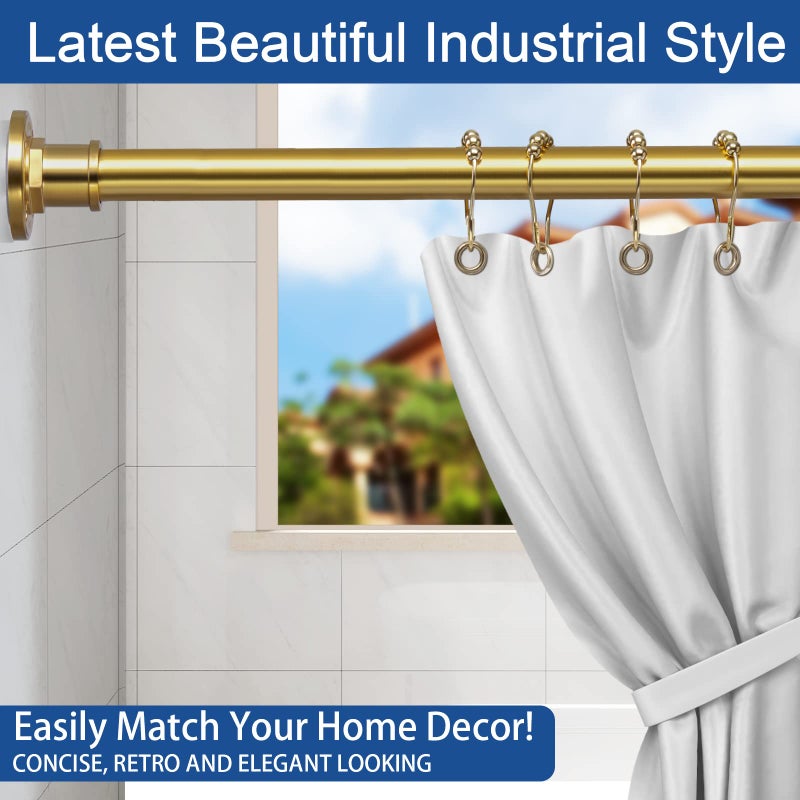 BRIOFOX Industrial Shower Curtain Rod - 2-in-1 Design Tension Curtain Rod - Never Rust Non-Slip 43 to 72 Inch Metal Steel, Gold Window Curtain Rod - Image 2