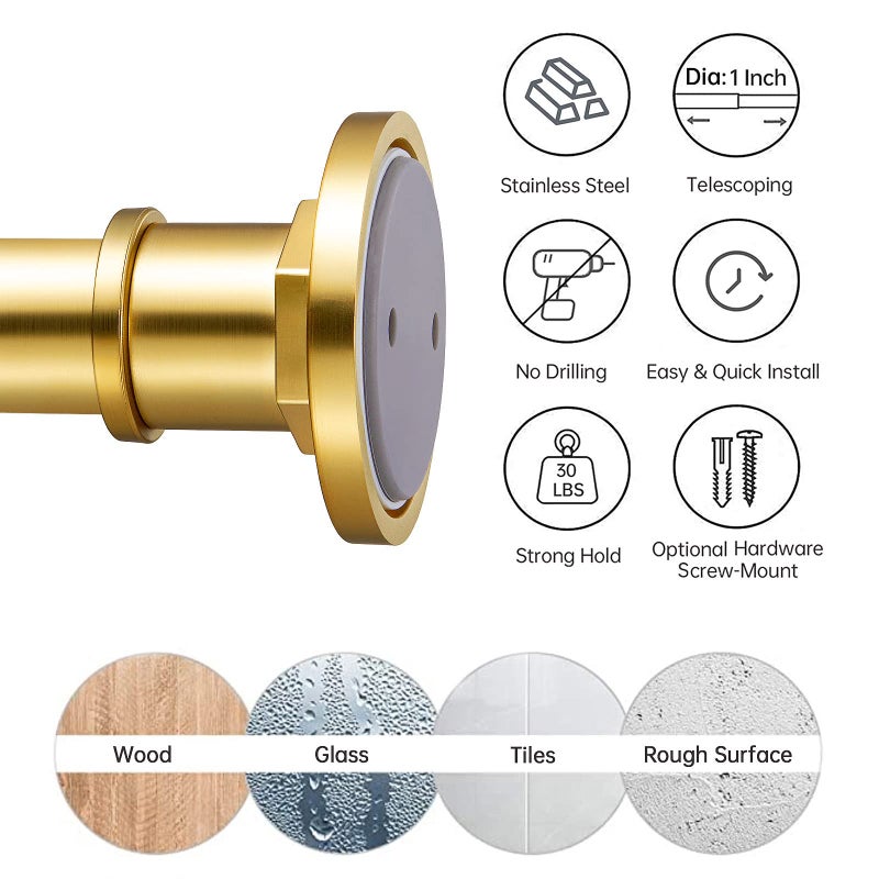 BRIOFOX Industrial Shower Curtain Rod - 2-in-1 Design Tension Curtain Rod - Never Rust Non-Slip 43 to 72 Inch Metal Steel, Gold Window Curtain Rod - Image 4