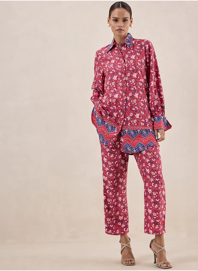 Femmella Floral Print Longline Shirt and Trouser Co-Ords