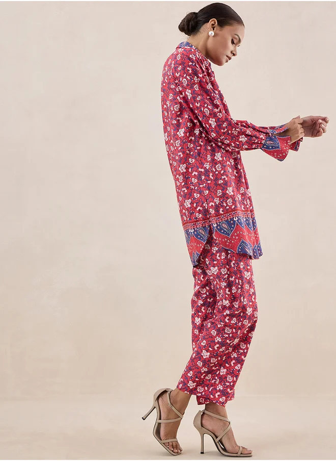 Femmella Floral Print Longline Shirt and Trouser Co-Ords