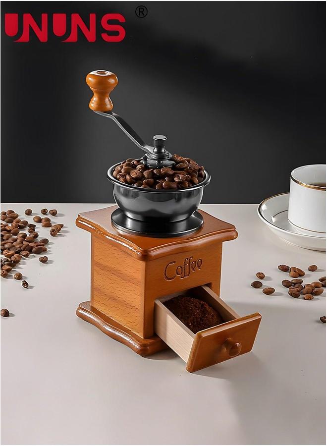 UNUNS Manual Coffee Grinder,Vintage Style Wooden Grinder Roller Grain Mill With Drawer,Hand Crank Grinders 10X10X16CM  - Image 1