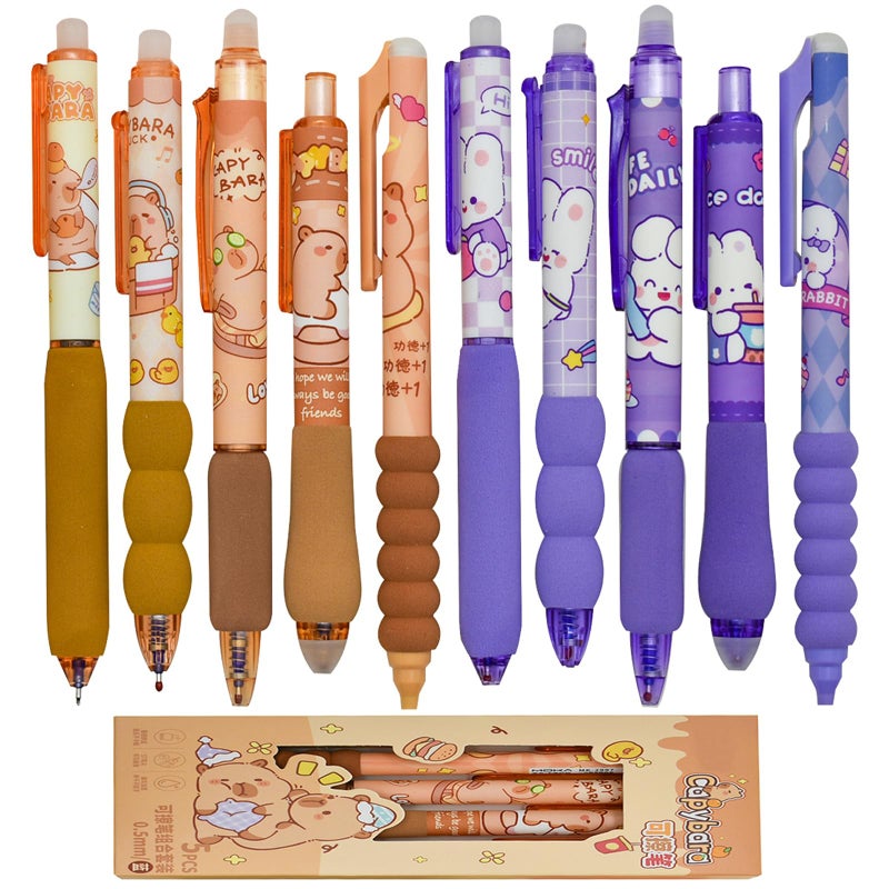 Lopenle 10 PCS Novelty Capybara Erasable Gel Pens Bunny Pens Soft sponge pencil holder With Blue Ink for School Office Journaling Christmas Birthday Party - Image 1