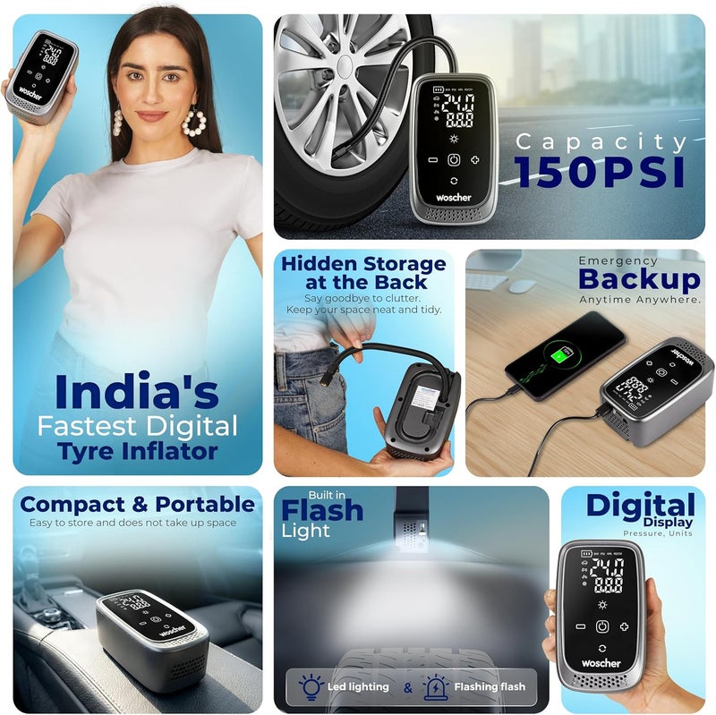 WOSCHER منفاخ الإطارات المحمول السريع من Woscher (12 فولت) مع ضوء LED - Image 2