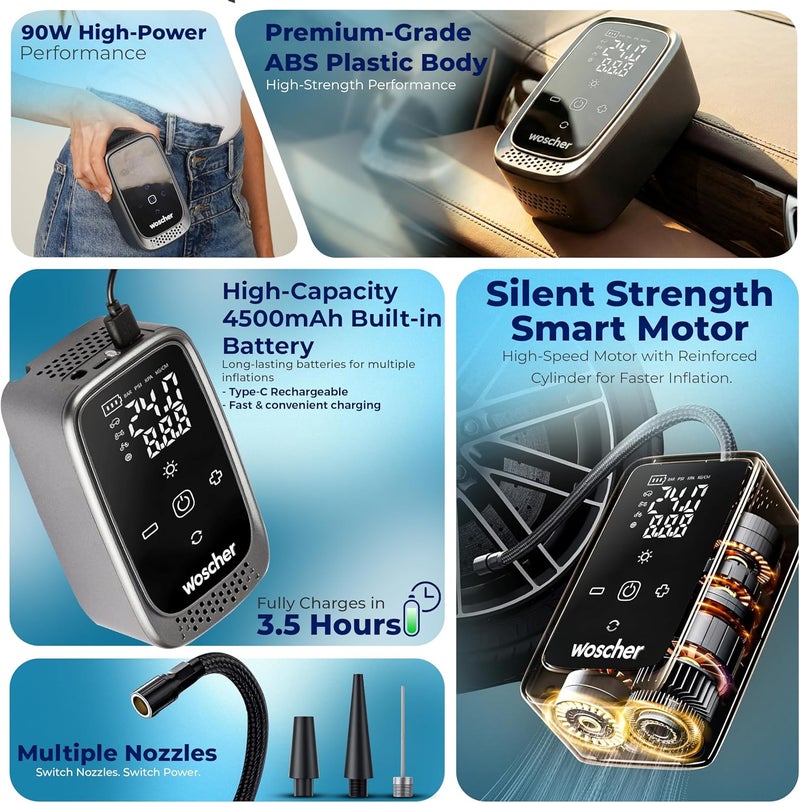 WOSCHER منفاخ الإطارات المحمول السريع من Woscher (12 فولت) مع ضوء LED - Image 3