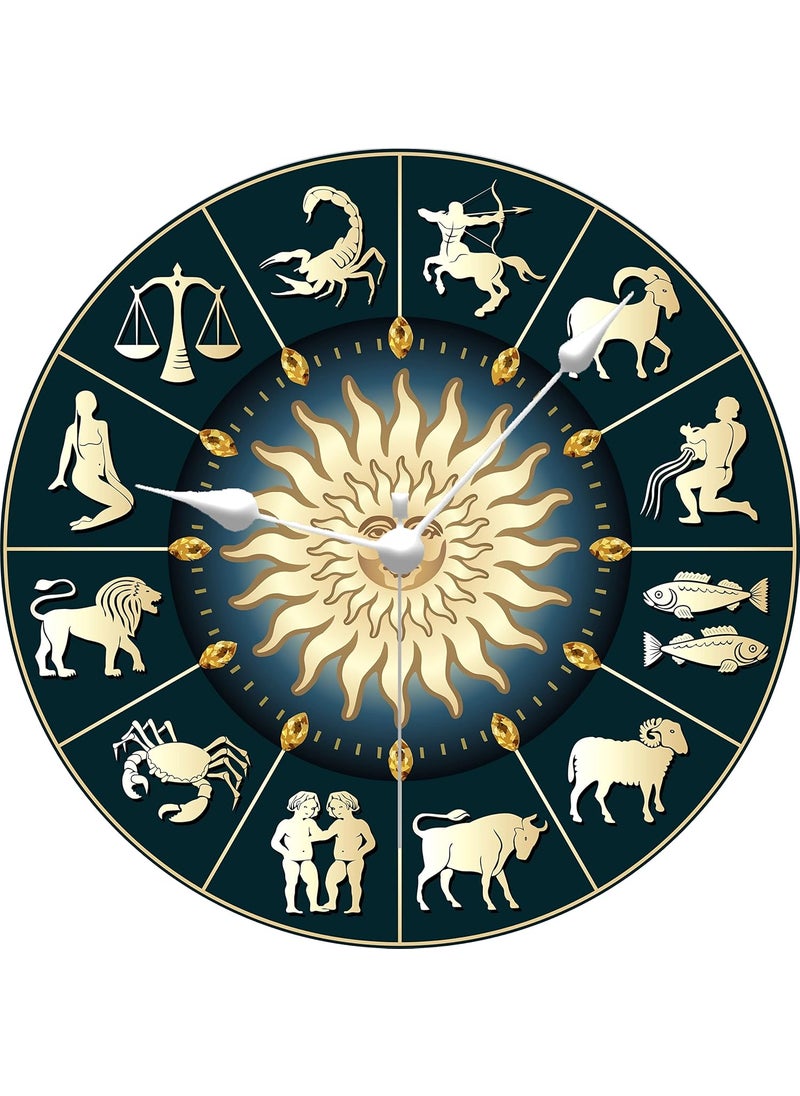 KARTIK KARTIK Wall Clock Zodiac Sign and Sun in The Middle Printed Designer Round Wooden Wall Clock Without Glass for Your Home/Living Room/Bedroom/Kitchen and Office (Multicolor, 11X11 inches)  - Image 1