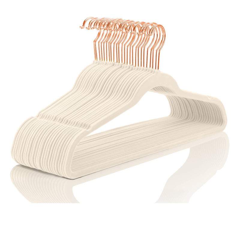 MIZGI Premium Velvet Hangers (60 Pack) Heavy Duty - Non Slip Felt Hangers - Velvet Suit Hanger Ivory - Rose Gold Hooks,Space Saving Clothes Hanger - Image 1