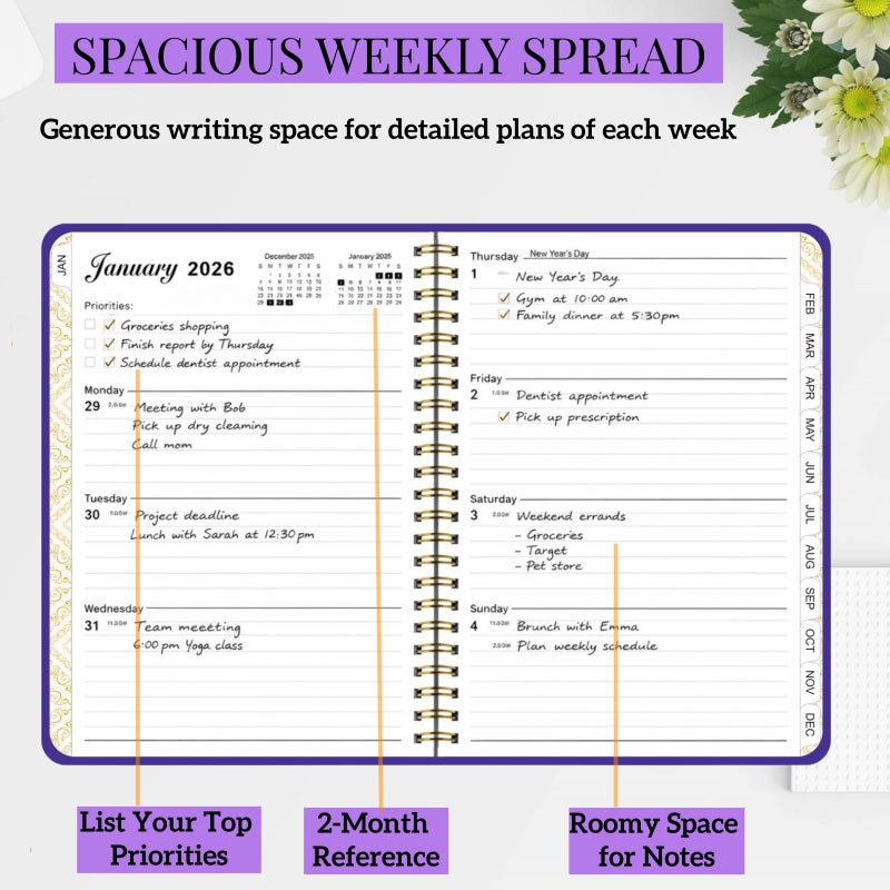 TFDLCG zm Planner 2026,Monthly and Weekly Agenda Calendar Planner,Jan 2026 to Dec 2026,A5 (6.3" x 8.5"),Hardcover Spiral Daily Planning Book with Tabs,for Office Home School Women & Men,Purple - Image 3