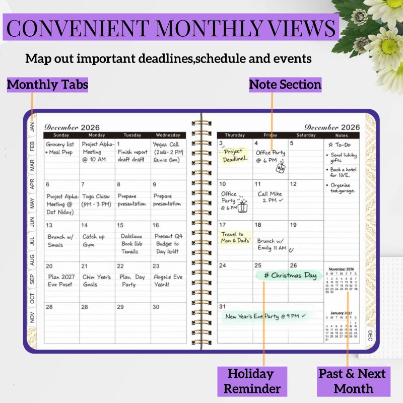 TFDLCG zm Planner 2026,Monthly and Weekly Agenda Calendar Planner,Jan 2026 to Dec 2026,A5 (6.3" x 8.5"),Hardcover Spiral Daily Planning Book with Tabs,for Office Home School Women & Men,Purple - Image 2