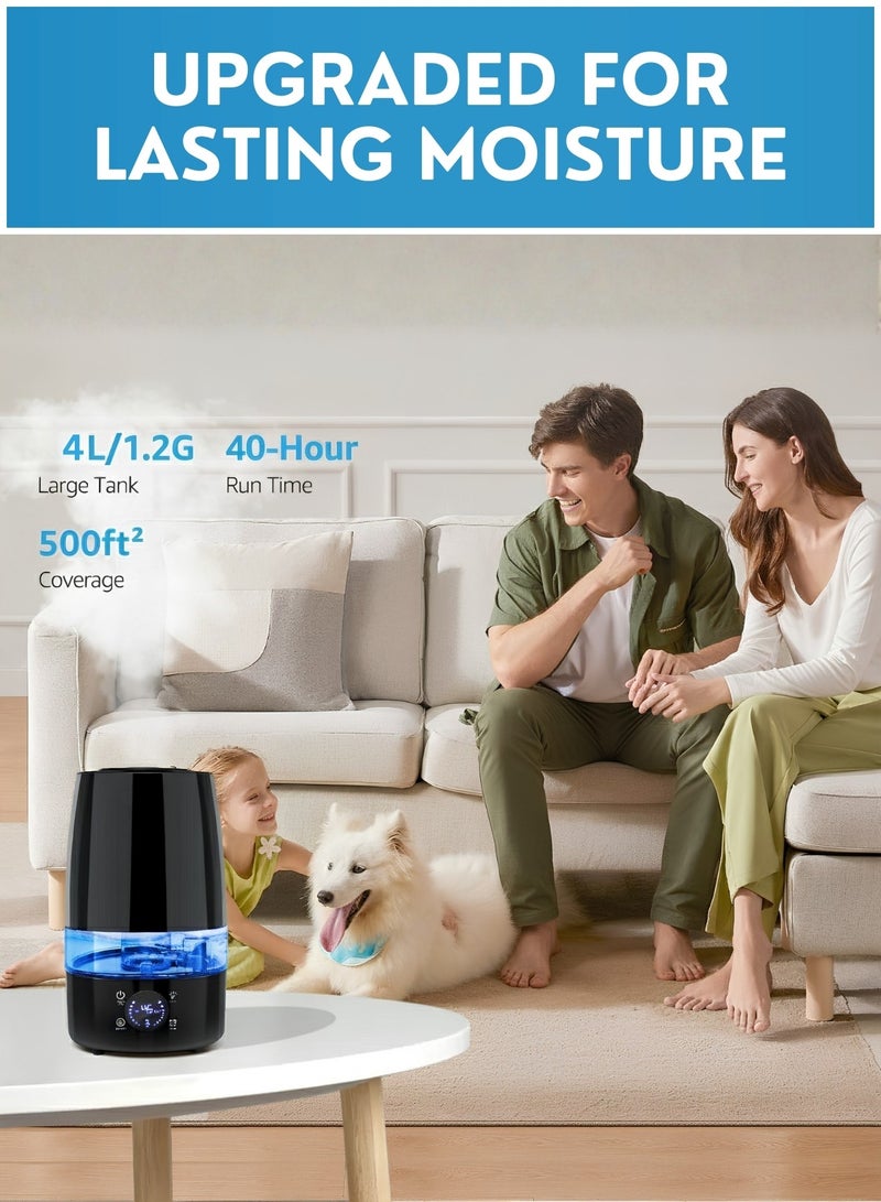 JUNI 4L Ultrasonic Air Humidifier with 360° Mist Nozzle, Quiet Cool Mist Humidifier for Bedroom & Home, 3 Mist Levels, Timer 1–12H, Adjustable Humidity Control, Large Capacity Room Humidifier - Image 2