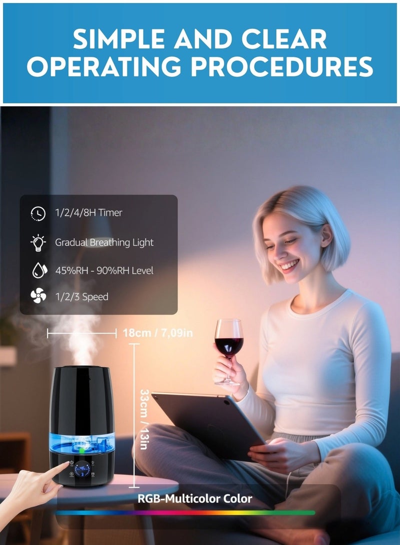 JUNI 4L Ultrasonic Air Humidifier with 360° Mist Nozzle, Quiet Cool Mist Humidifier for Bedroom & Home, 3 Mist Levels, Timer 1–12H, Adjustable Humidity Control, Large Capacity Room Humidifier - Image 4