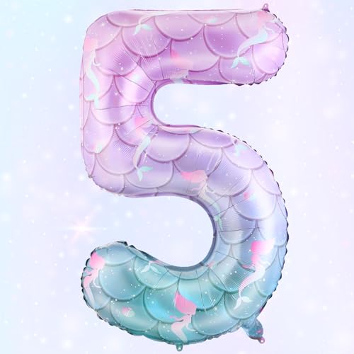 MiniInflat 40 Inch Giant Mermaid Number 5 Birthday Balloons Mermaid Birthday Party Decoration Sea Theme Large Dream Number Balloons for Girls Party Baby Shower Rainbow Decorations - Image 1