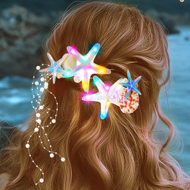 CAKURE Light Up Starfish Hair Clips Led Seashell Hair Clip Barrettes Mermaid Hair Accessories for Women and Girls Pack of 2