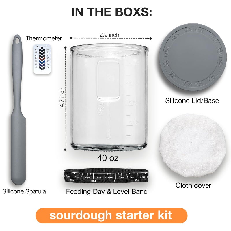 Meolibour Premium Pro Sourdough Starter Jar Kit - 40oz Large Wide Mouth Sourdough Bread Jar with Marked Feeding Band, Thermometer, Scraper, Cloth Cover and Silicone Lid/Base, Glass Container, Baking Supplies - Image 2
